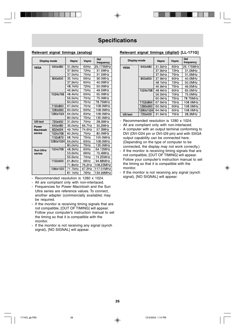 Specifications | Sharp LL-171A User Manual | Page 26 / 140