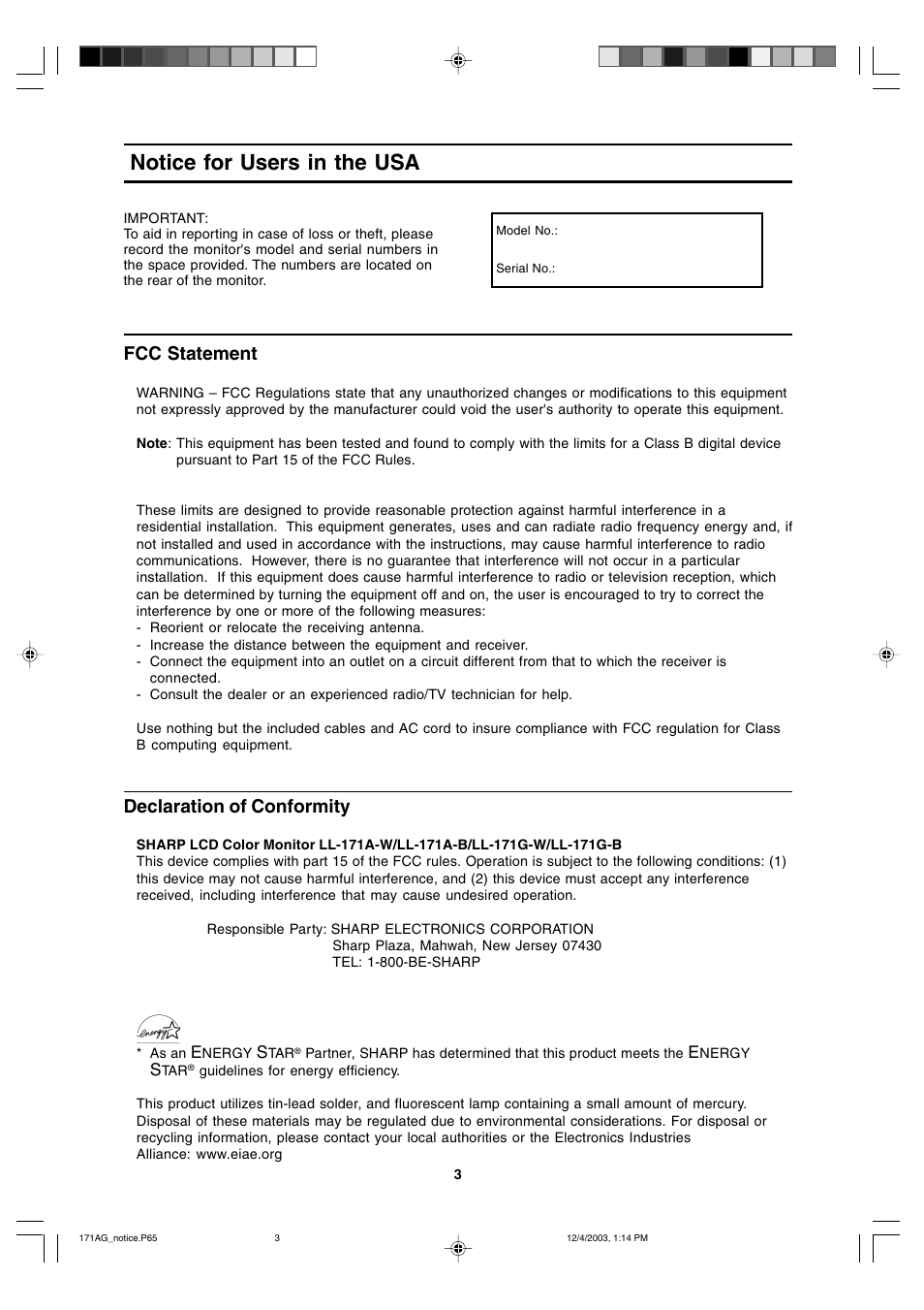 Notice for users in the usa, Fcc statement, Declaration of conformity | Sharp LL-171A User Manual | Page 3 / 140