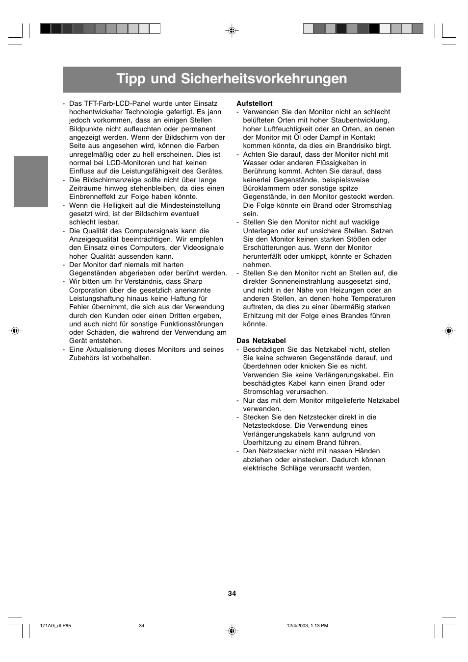 Tipp und sicherheitsvorkehrungen | Sharp LL-171A User Manual | Page 34 / 140