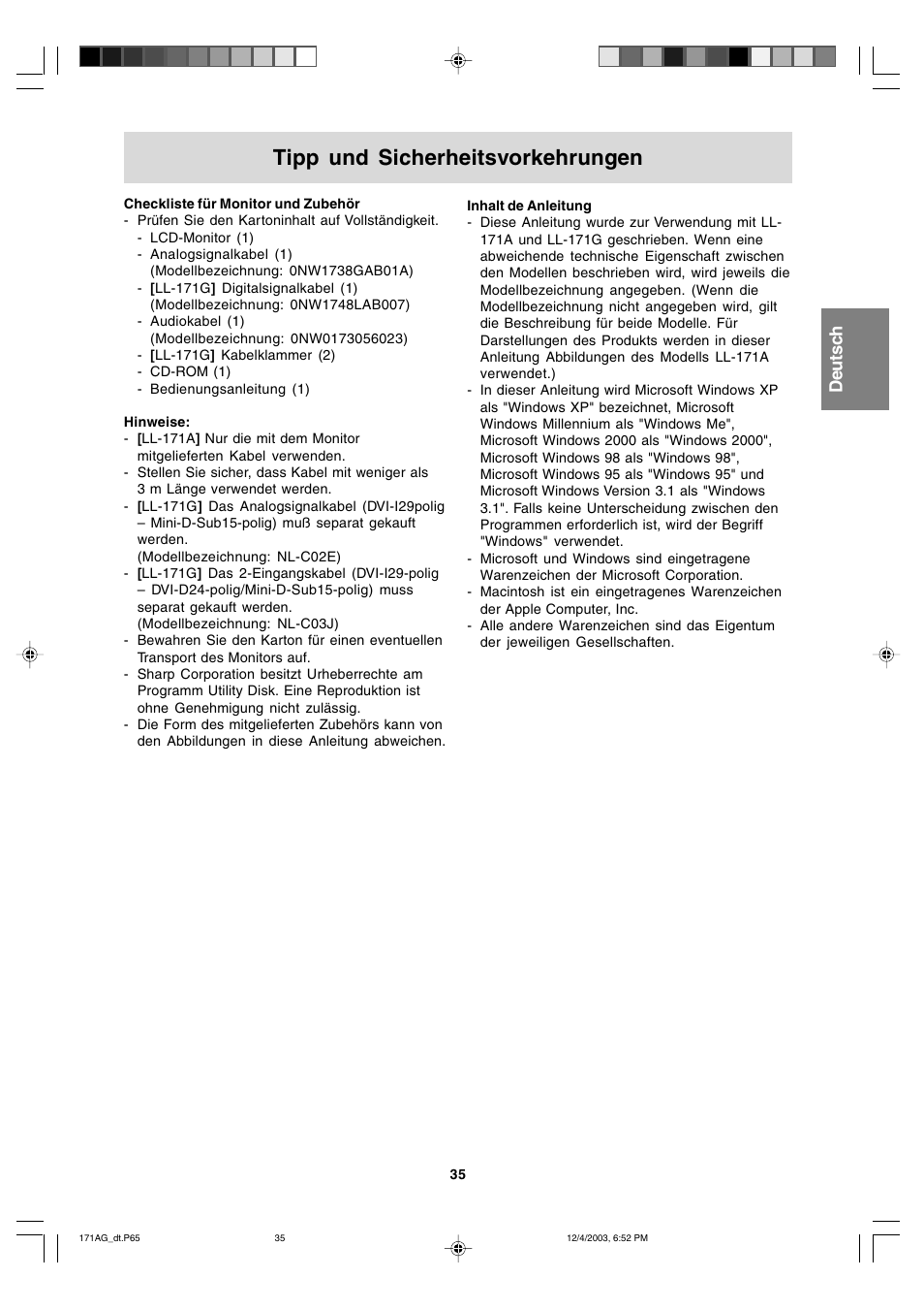 Tipp und sicherheitsvorkehrungen, English deutsch français italiano español english | Sharp LL-171A User Manual | Page 35 / 140