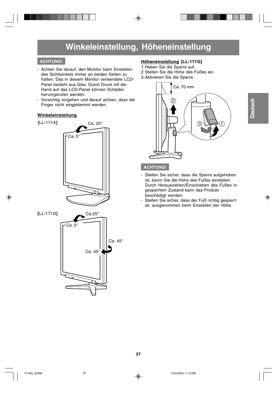 Winkeleinstellung, höheneinstellung | Sharp LL-171A User Manual | Page 37 / 140