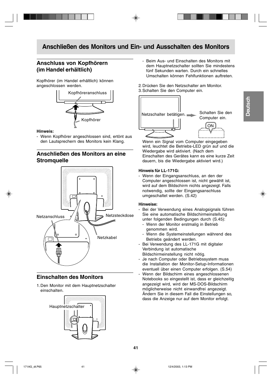 Einschalten des monitors, Anschluss von kopfhörern (im handel erhältlich), Anschließen des monitors an eine stromquelle | Sharp LL-171A User Manual | Page 41 / 140