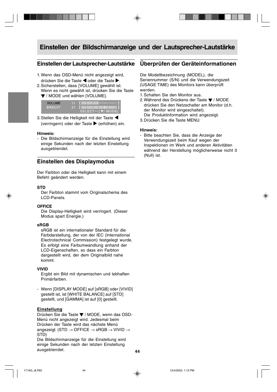 Überprüfen der geräteinformationen, Einstellen der lautsprecher-lautstärke, Einstellen des displaymodus | Sharp LL-171A User Manual | Page 44 / 140