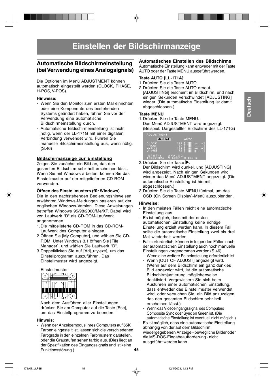 Einstellen der bildschirmanzeige | Sharp LL-171A User Manual | Page 45 / 140