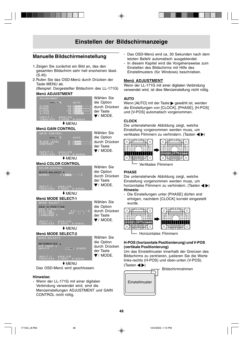 Einstellen der bildschirmanzeige, Manuelle bildschirmeinstellung | Sharp LL-171A User Manual | Page 46 / 140