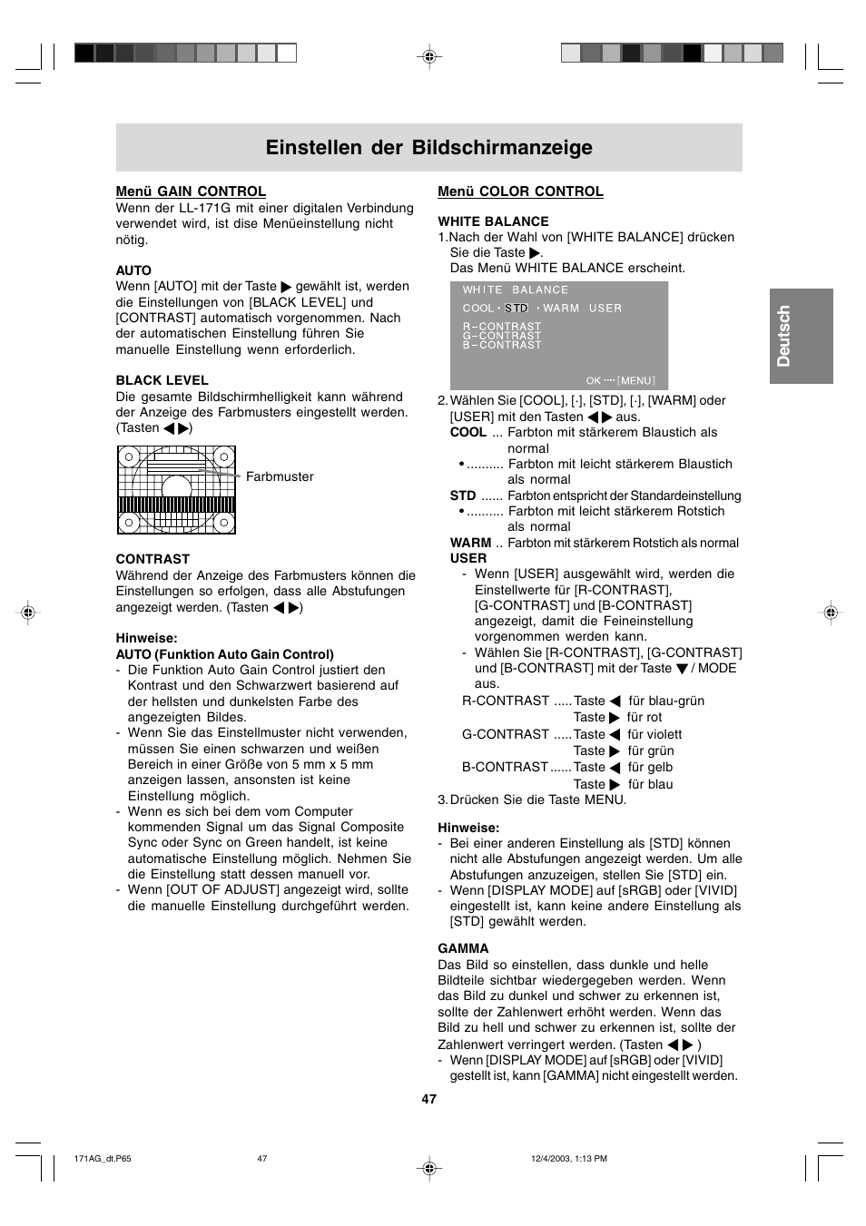 Einstellen der bildschirmanzeige | Sharp LL-171A User Manual | Page 47 / 140