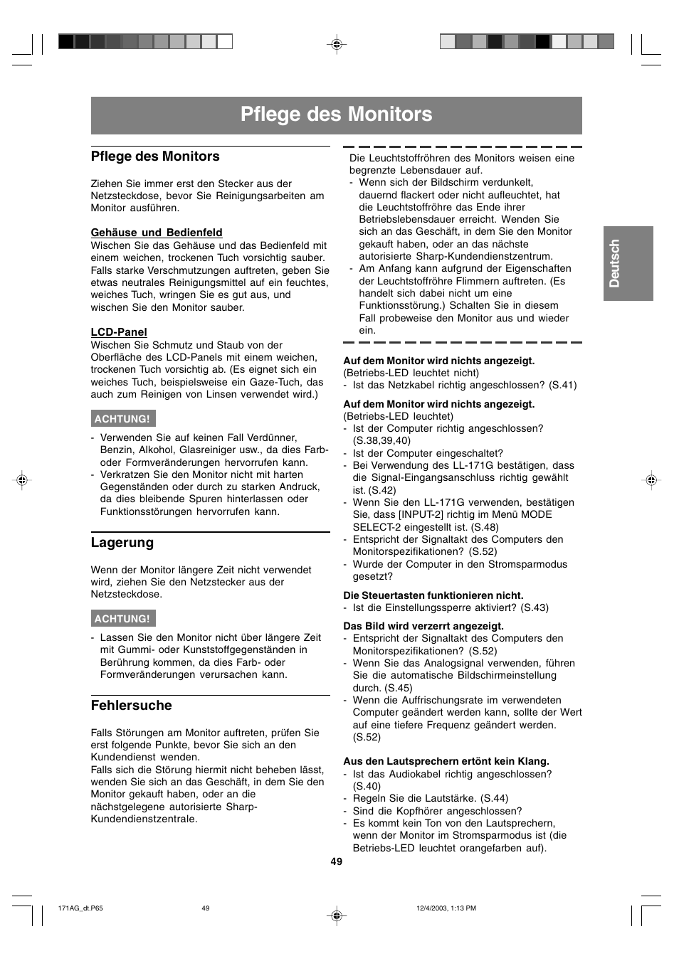 Pflege des monitors, Lagerung, Fehlersuche | Sharp LL-171A User Manual | Page 49 / 140