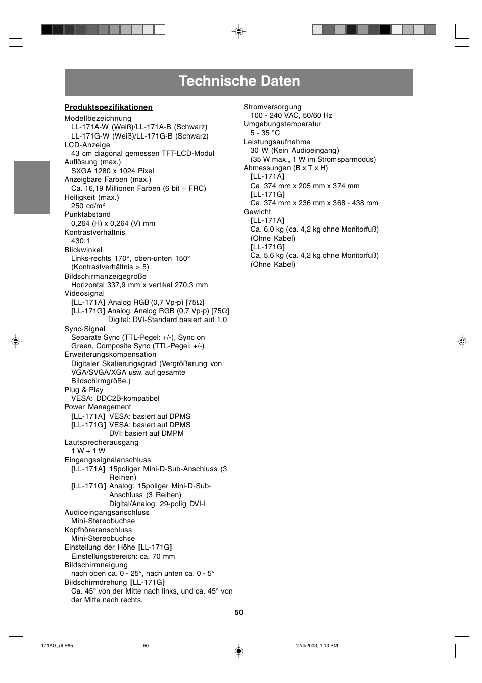 Technische daten | Sharp LL-171A User Manual | Page 50 / 140