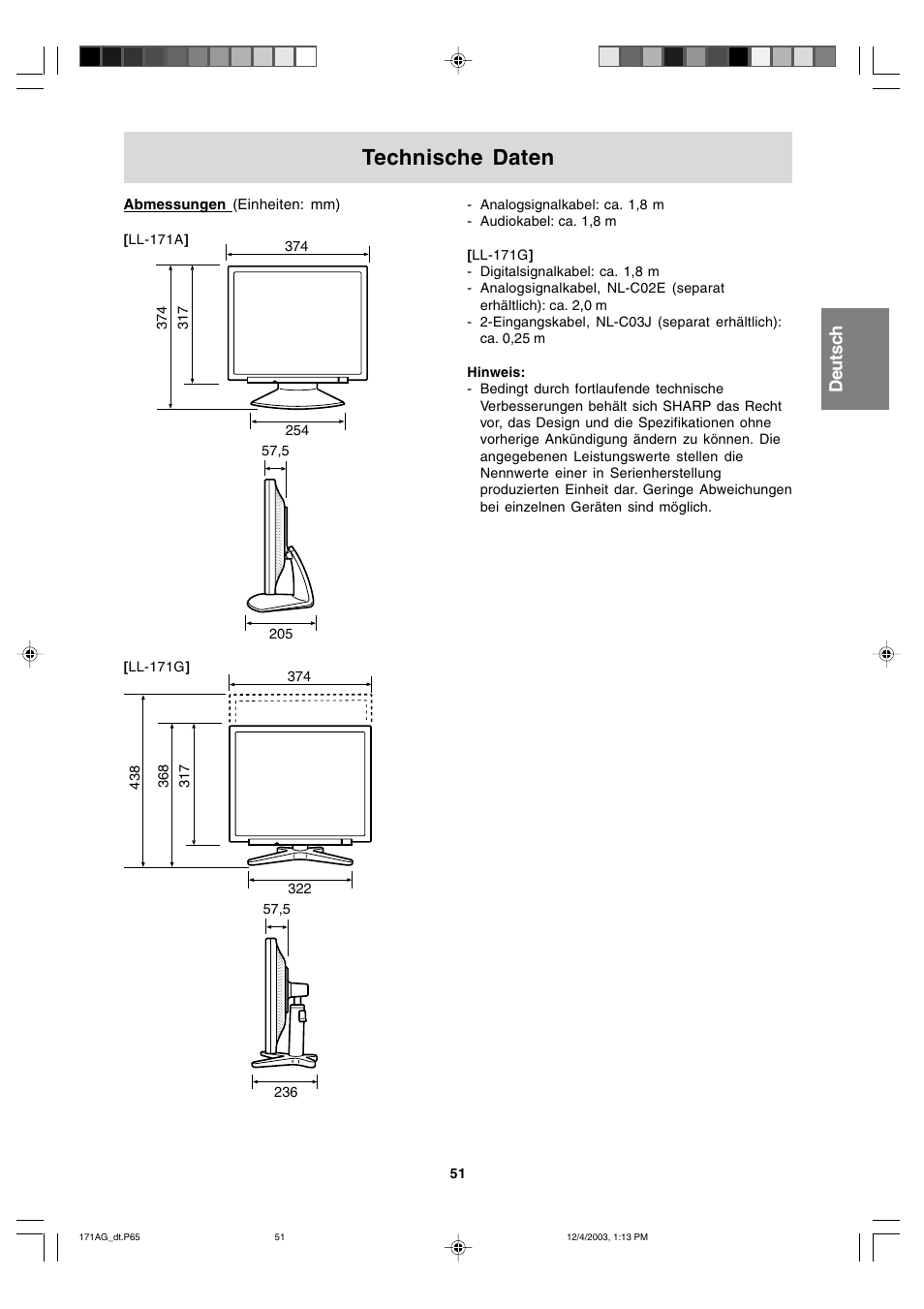 Technische daten | Sharp LL-171A User Manual | Page 51 / 140