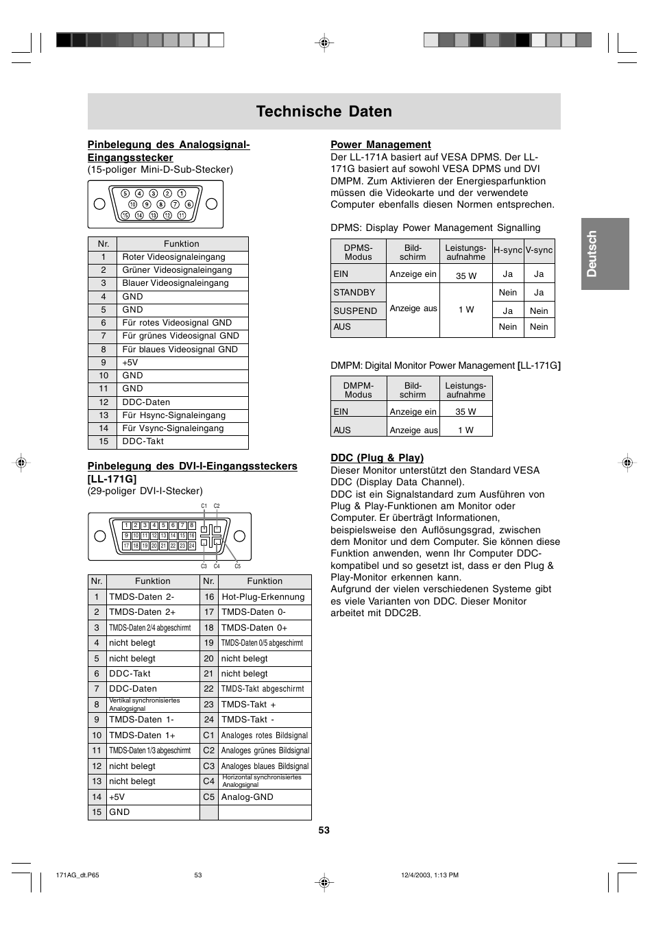 Technische daten | Sharp LL-171A User Manual | Page 53 / 140