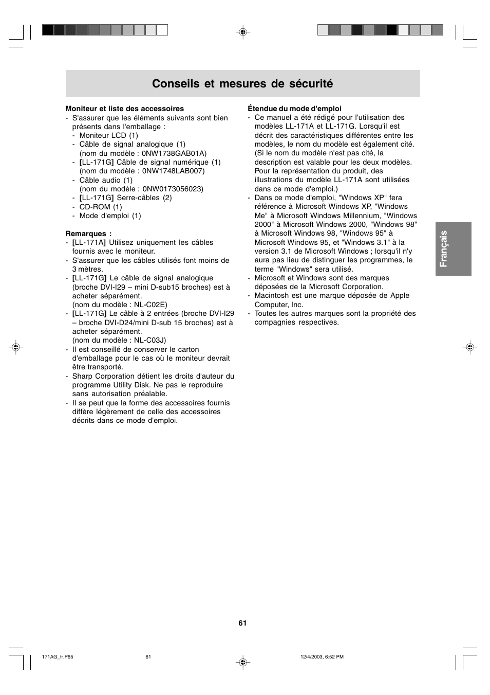 Conseils et mesures de sécurité, English deutsch français italiano español english | Sharp LL-171A User Manual | Page 61 / 140