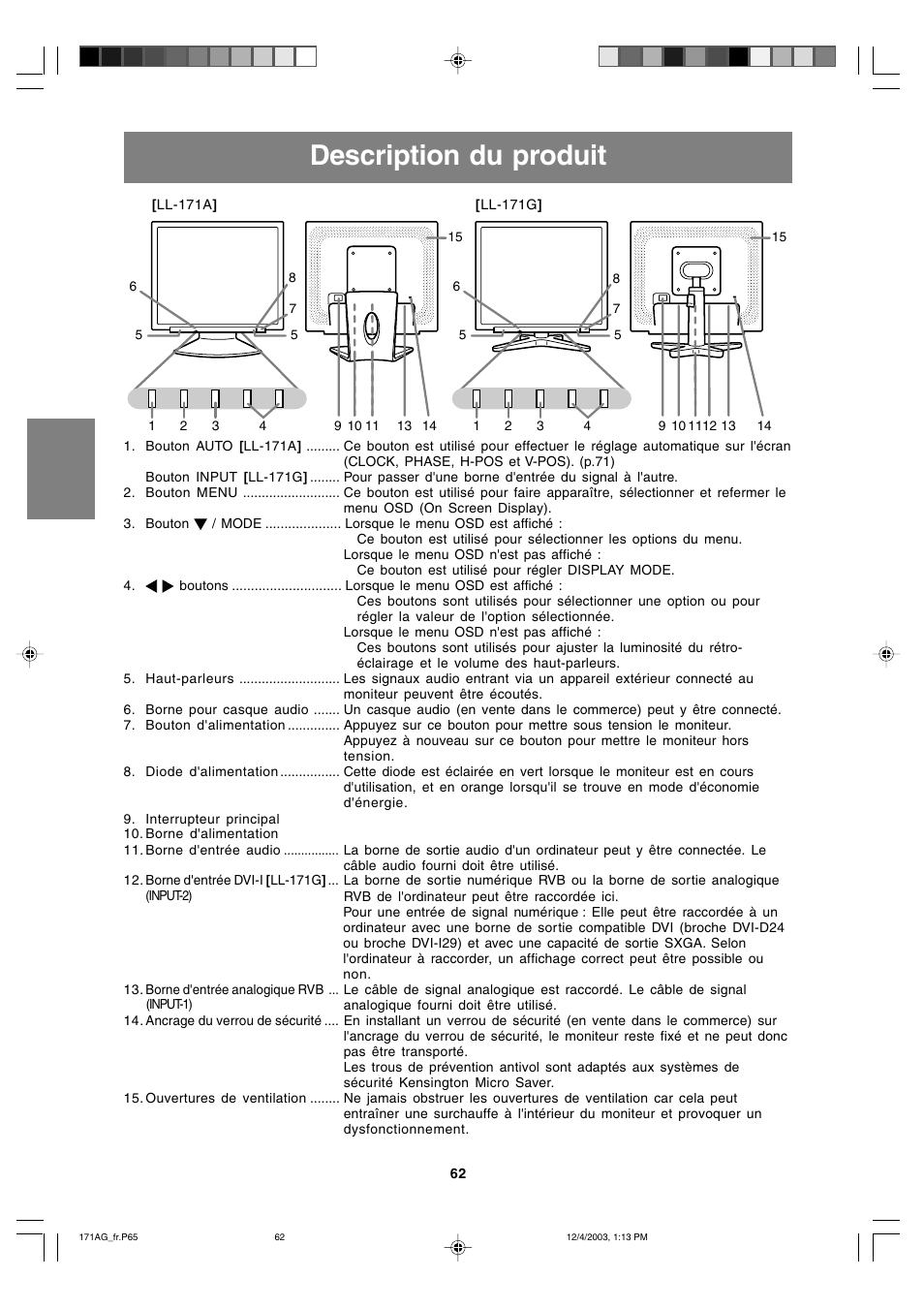 Description du produit | Sharp LL-171A User Manual | Page 62 / 140