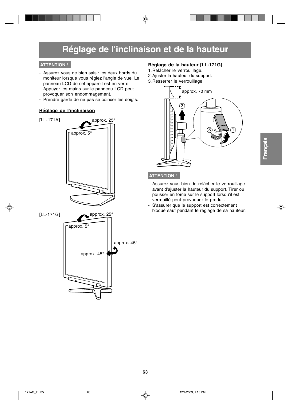 Réglage de l'inclinaison et de la hauteur | Sharp LL-171A User Manual | Page 63 / 140