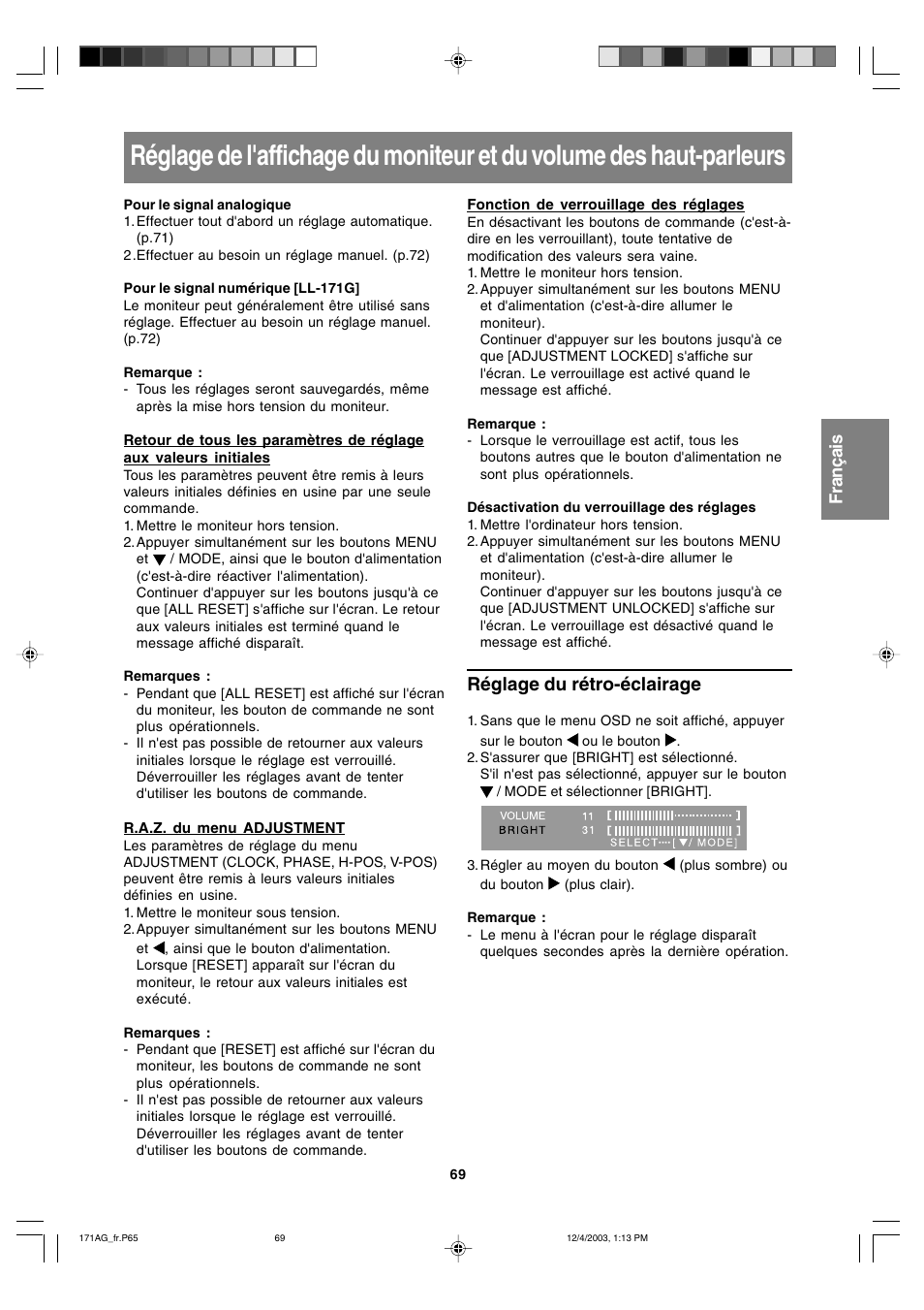 Réglage du rétro-éclairage | Sharp LL-171A User Manual | Page 69 / 140