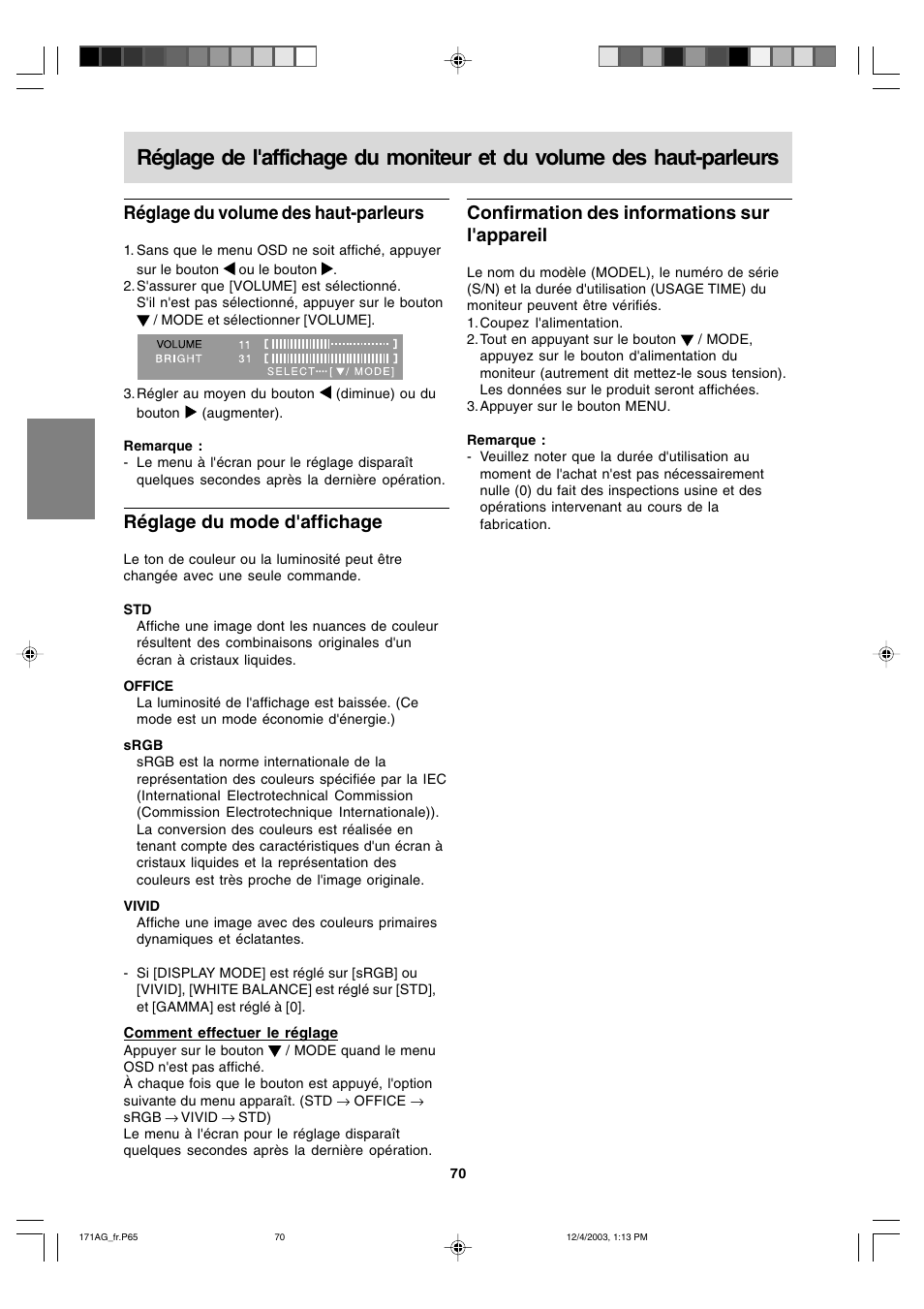 Réglage du volume des haut-parleurs, Réglage du mode d'affichage, Confirmation des informations sur l'appareil | Sharp LL-171A User Manual | Page 70 / 140