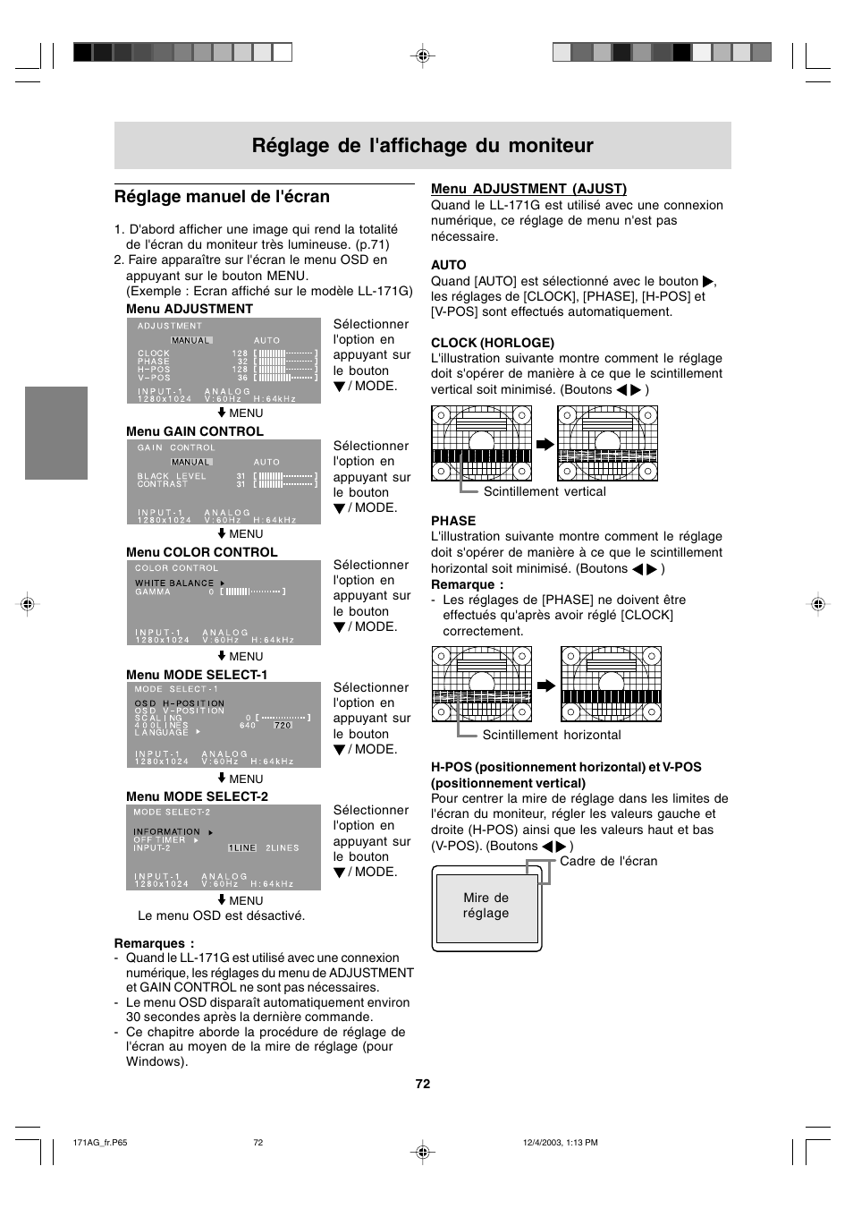 Réglage de l'affichage du moniteur, Réglage manuel de l'écran | Sharp LL-171A User Manual | Page 72 / 140