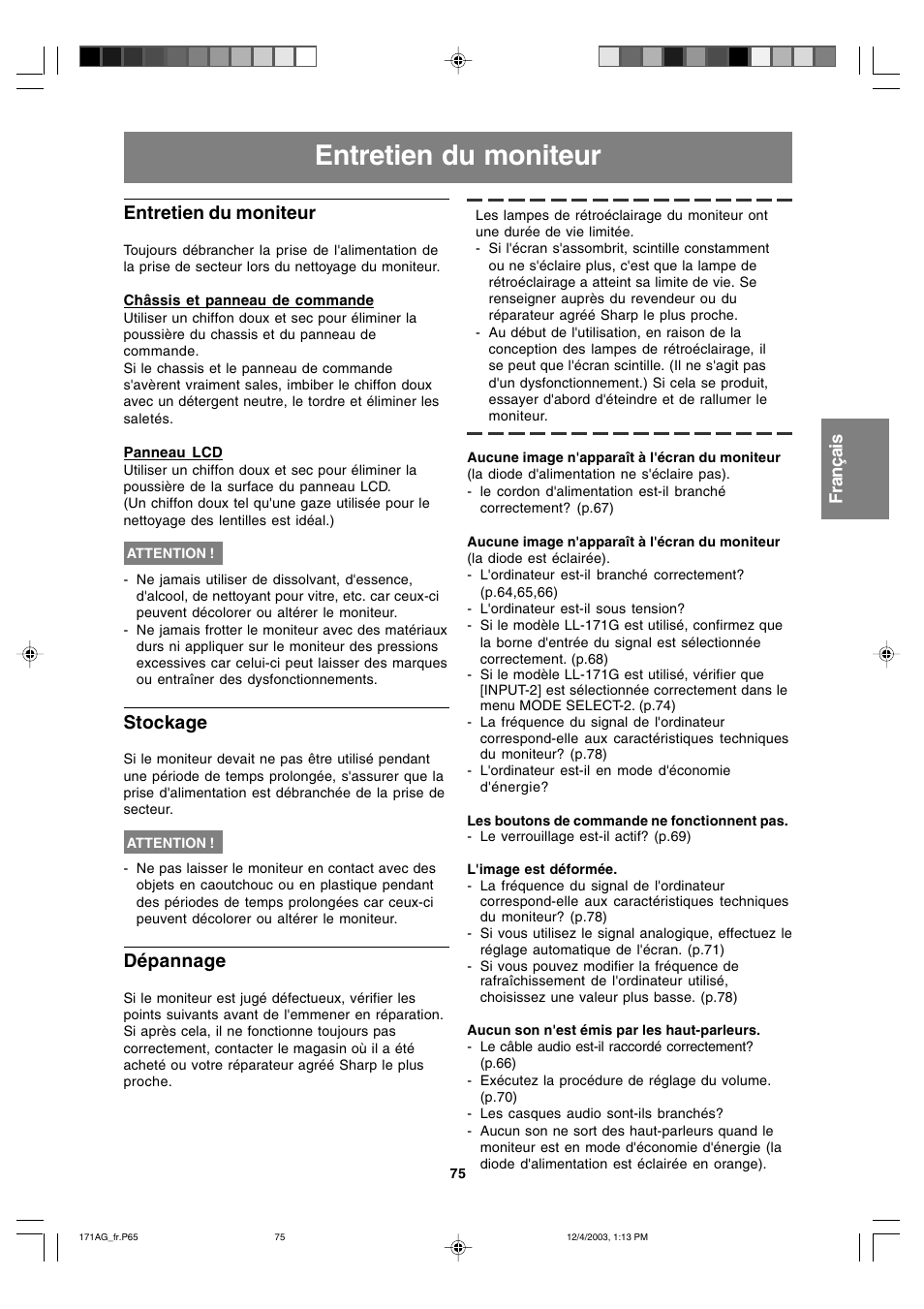 Entretien du moniteur, Stockage, Dépannage | Sharp LL-171A User Manual | Page 75 / 140