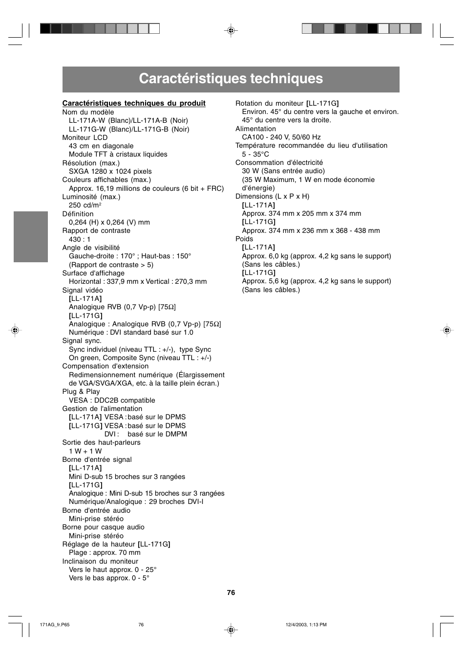 Caractéristiques techniques | Sharp LL-171A User Manual | Page 76 / 140