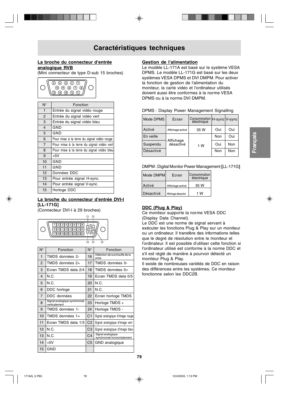 Caractéristiques techniques | Sharp LL-171A User Manual | Page 79 / 140