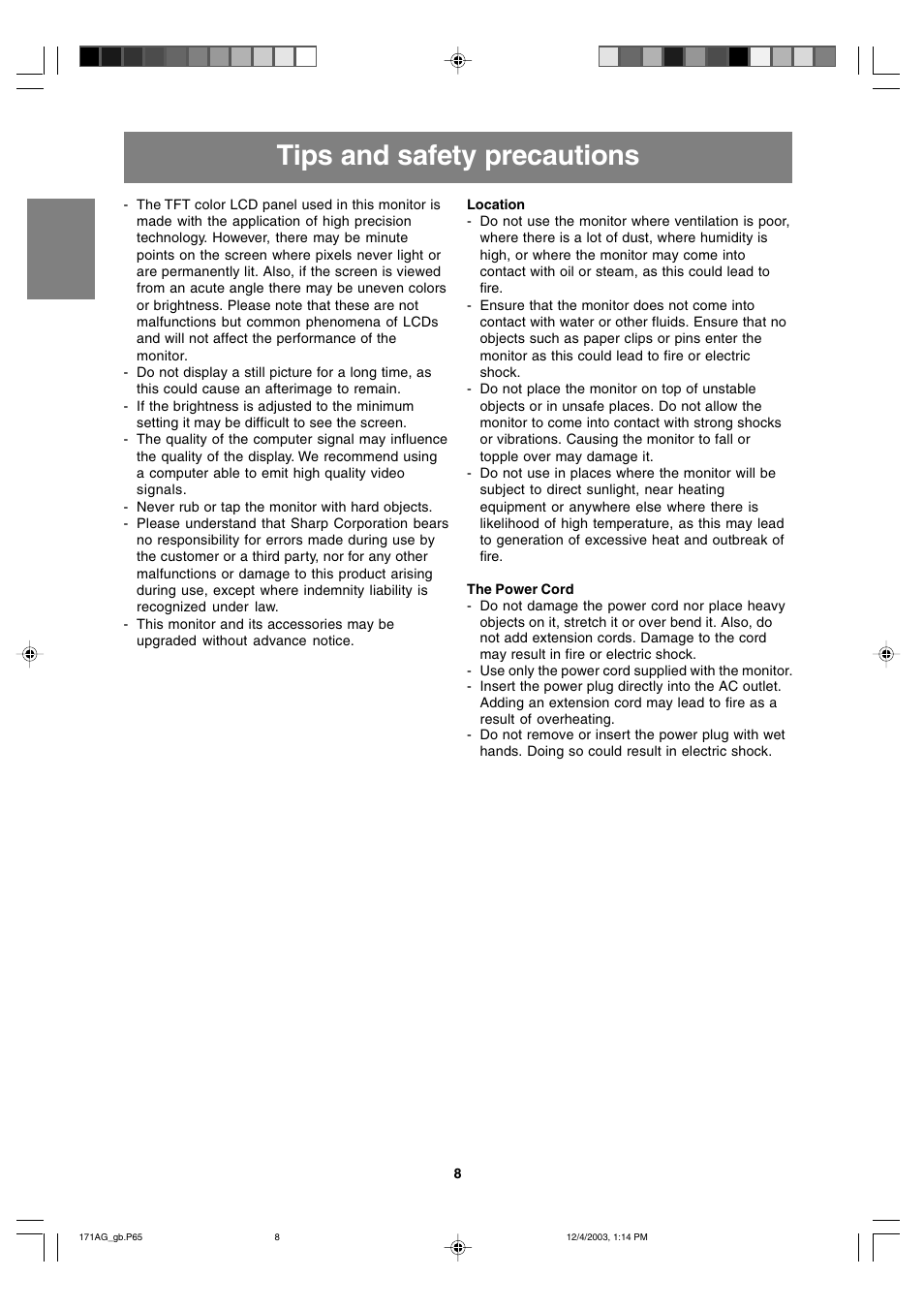 Tips and safety precautions | Sharp LL-171A User Manual | Page 8 / 140