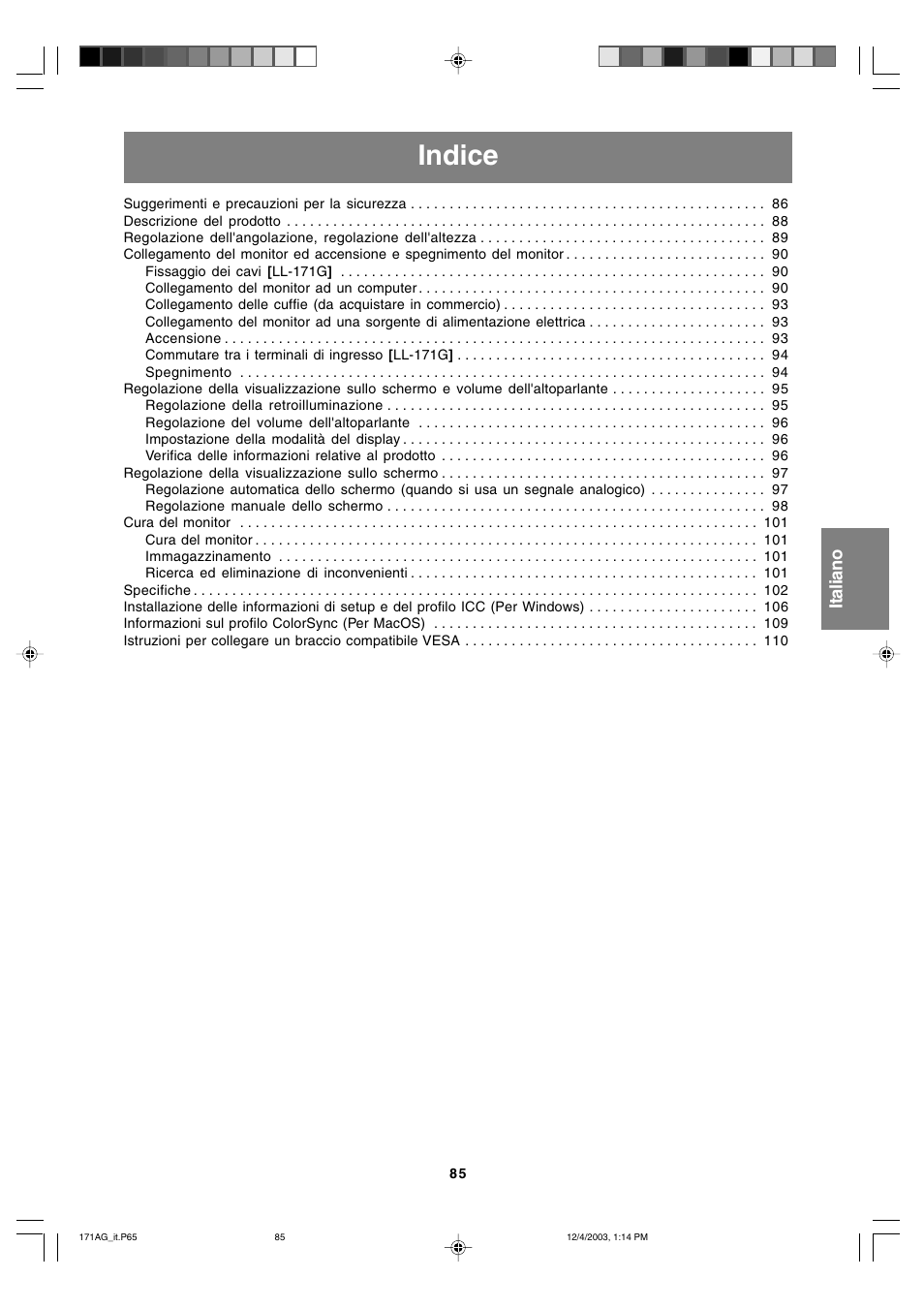 Indice | Sharp LL-171A User Manual | Page 85 / 140