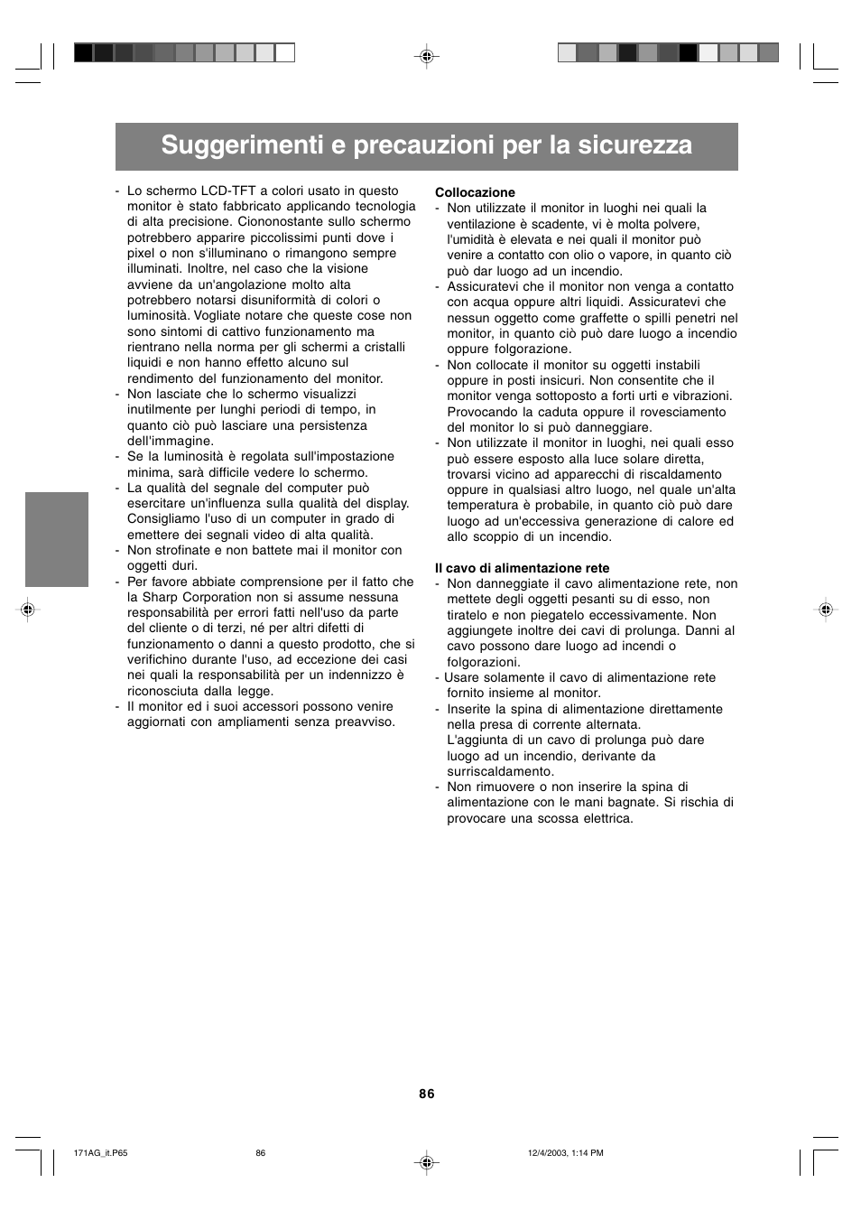 Suggerimenti e precauzioni per la sicurezza | Sharp LL-171A User Manual | Page 86 / 140