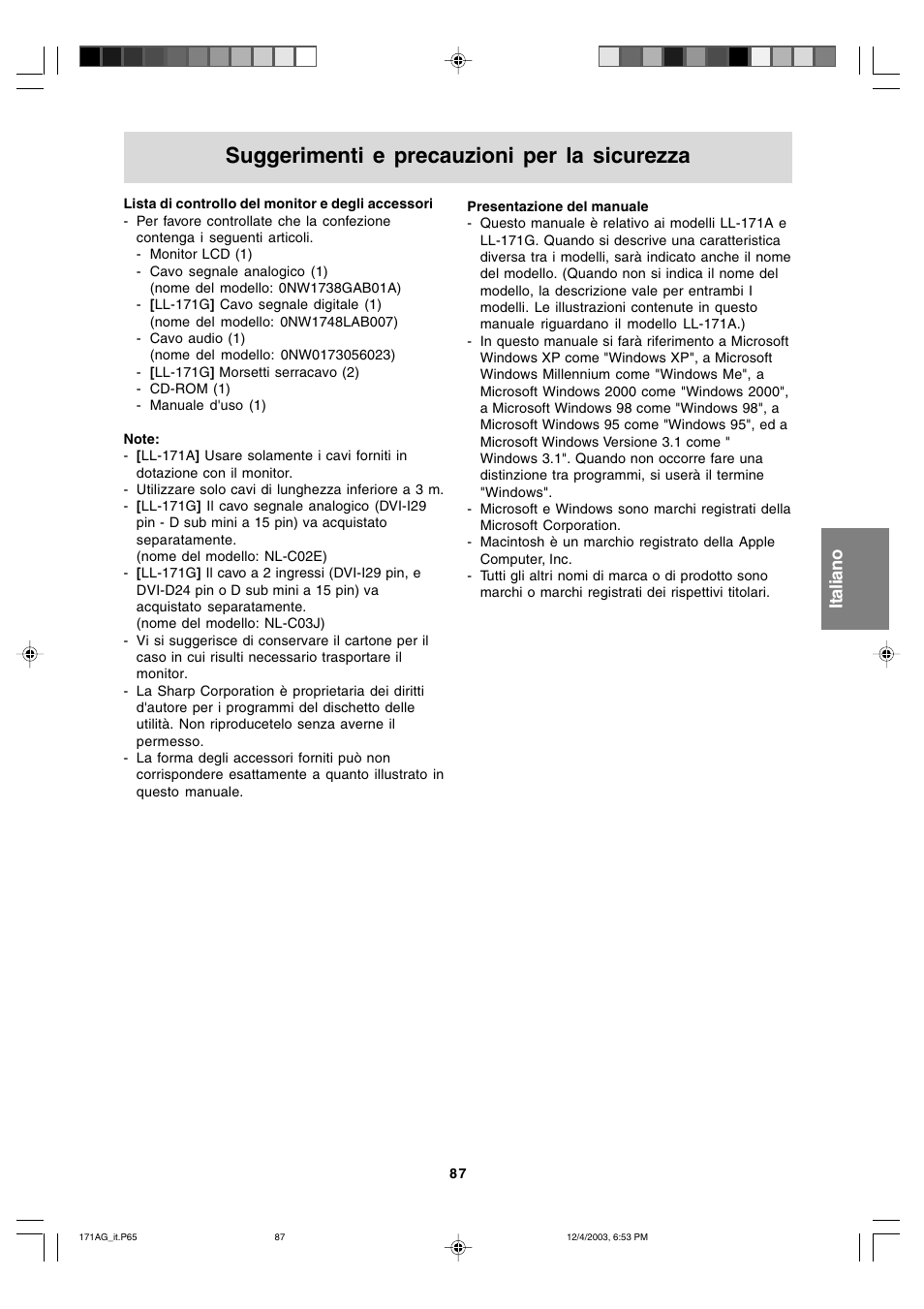 Suggerimenti e precauzioni per la sicurezza, English deutsch français italiano español english | Sharp LL-171A User Manual | Page 87 / 140