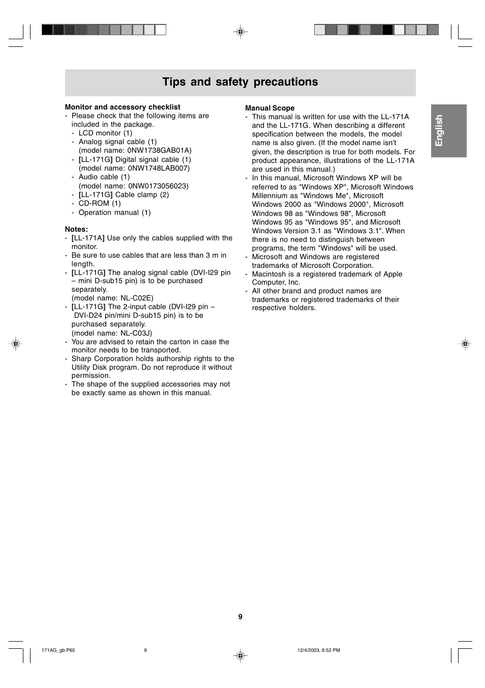 Tips and safety precautions, English deutsch français italiano español english | Sharp LL-171A User Manual | Page 9 / 140