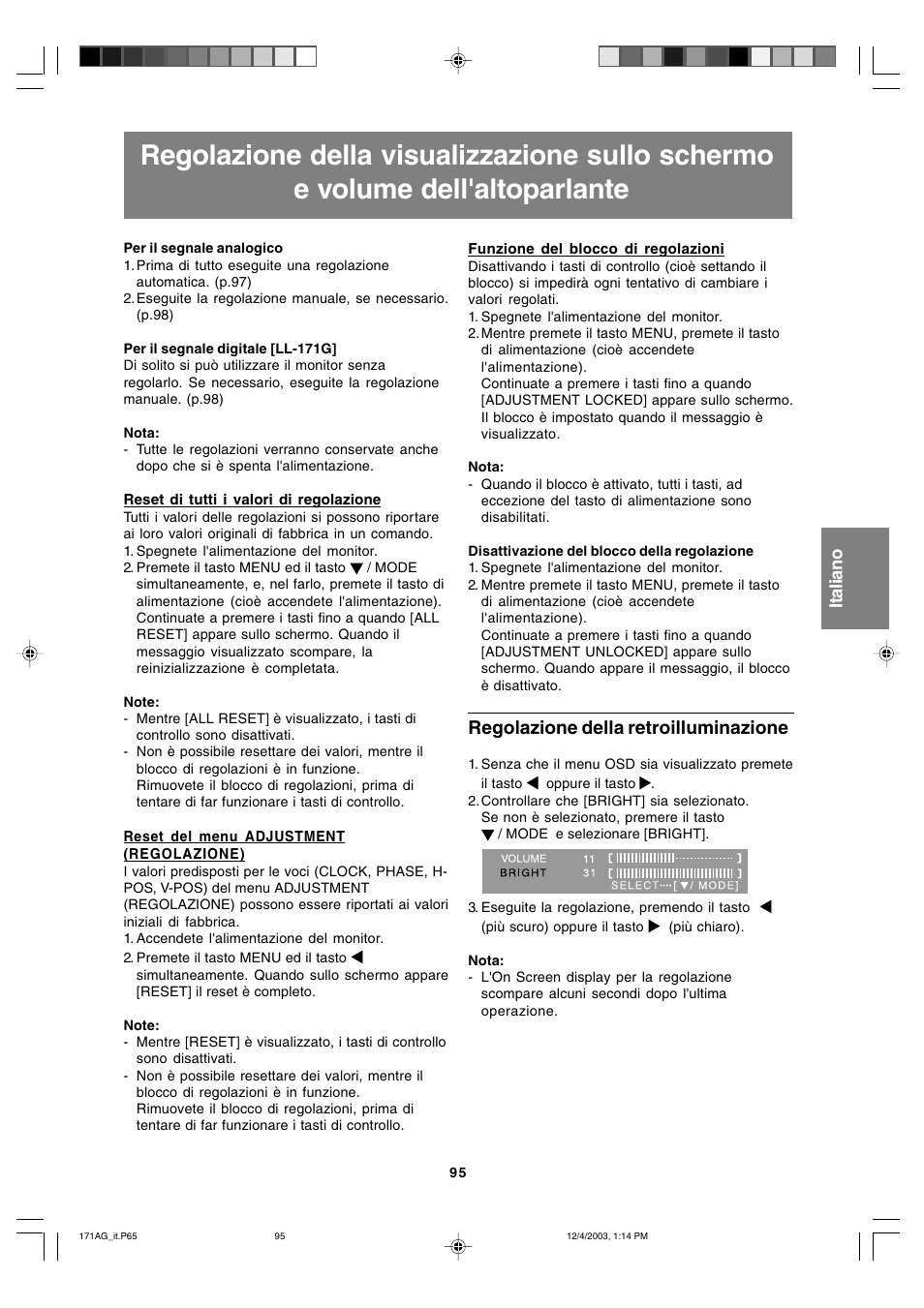 Regolazione della retroilluminazione | Sharp LL-171A User Manual | Page 95 / 140