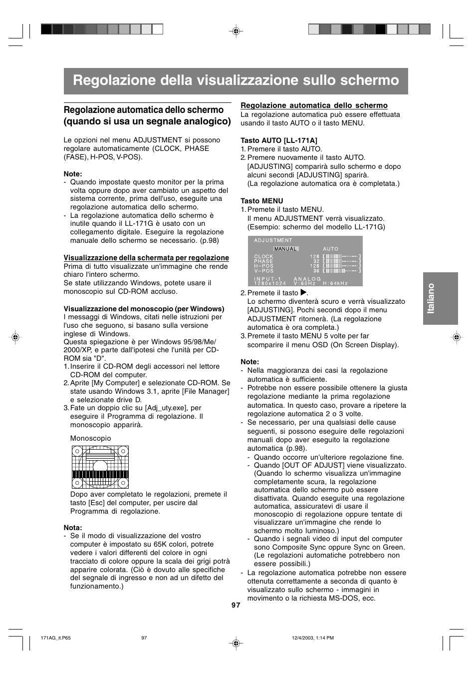 Regolazione della visualizzazione sullo schermo | Sharp LL-171A User Manual | Page 97 / 140