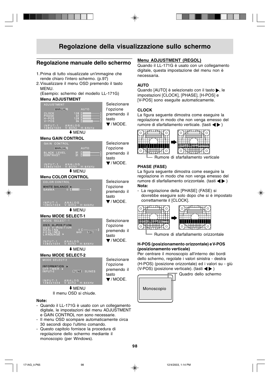 Regolazione della visualizzazione sullo schermo, Regolazione manuale dello schermo | Sharp LL-171A User Manual | Page 98 / 140