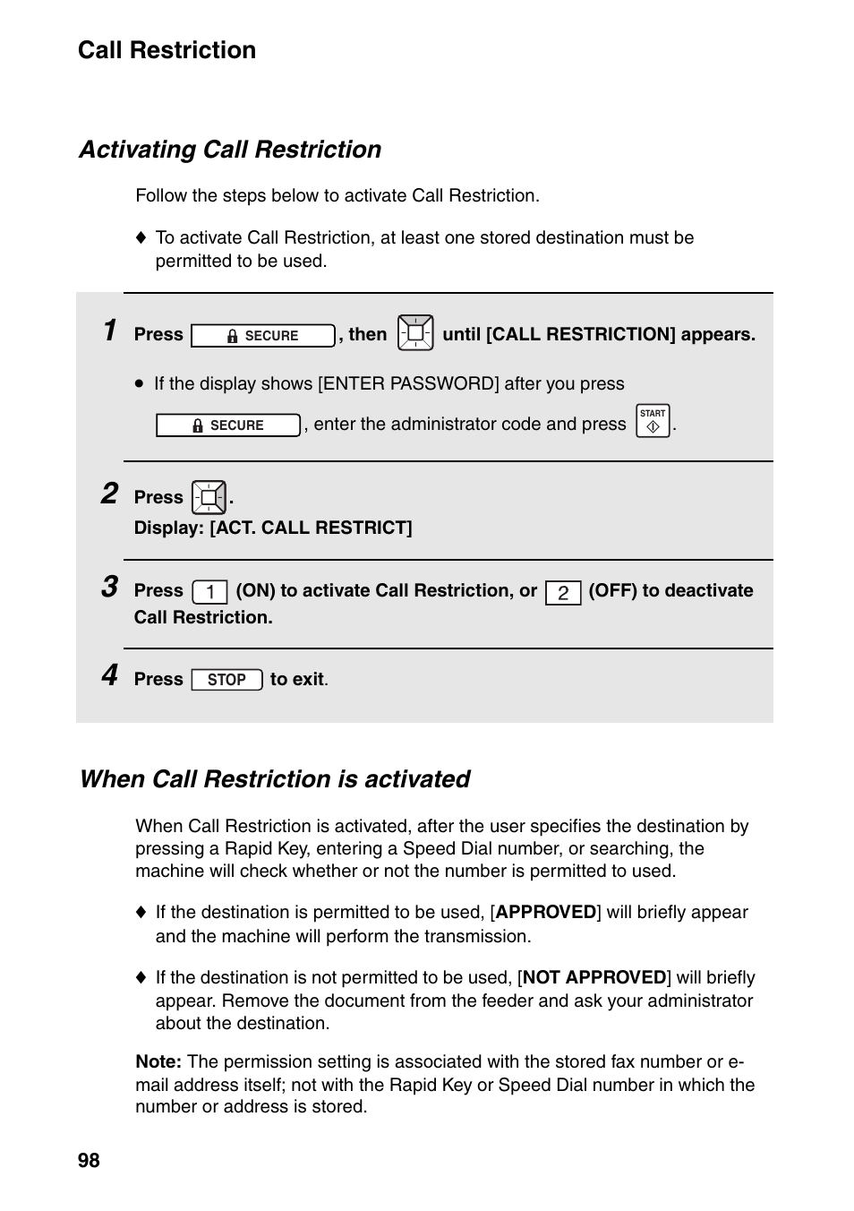 Call restriction, Activating call restriction, When call restriction is activated | Sharp FO-IS125N User Manual | Page 100 / 179