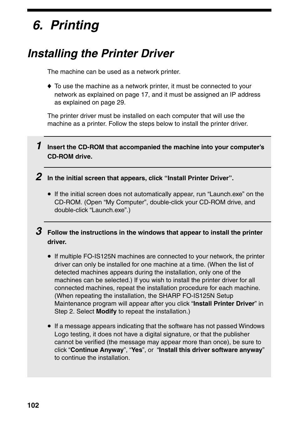 Printing, Installing the printer driver | Sharp FO-IS125N User Manual | Page 104 / 179