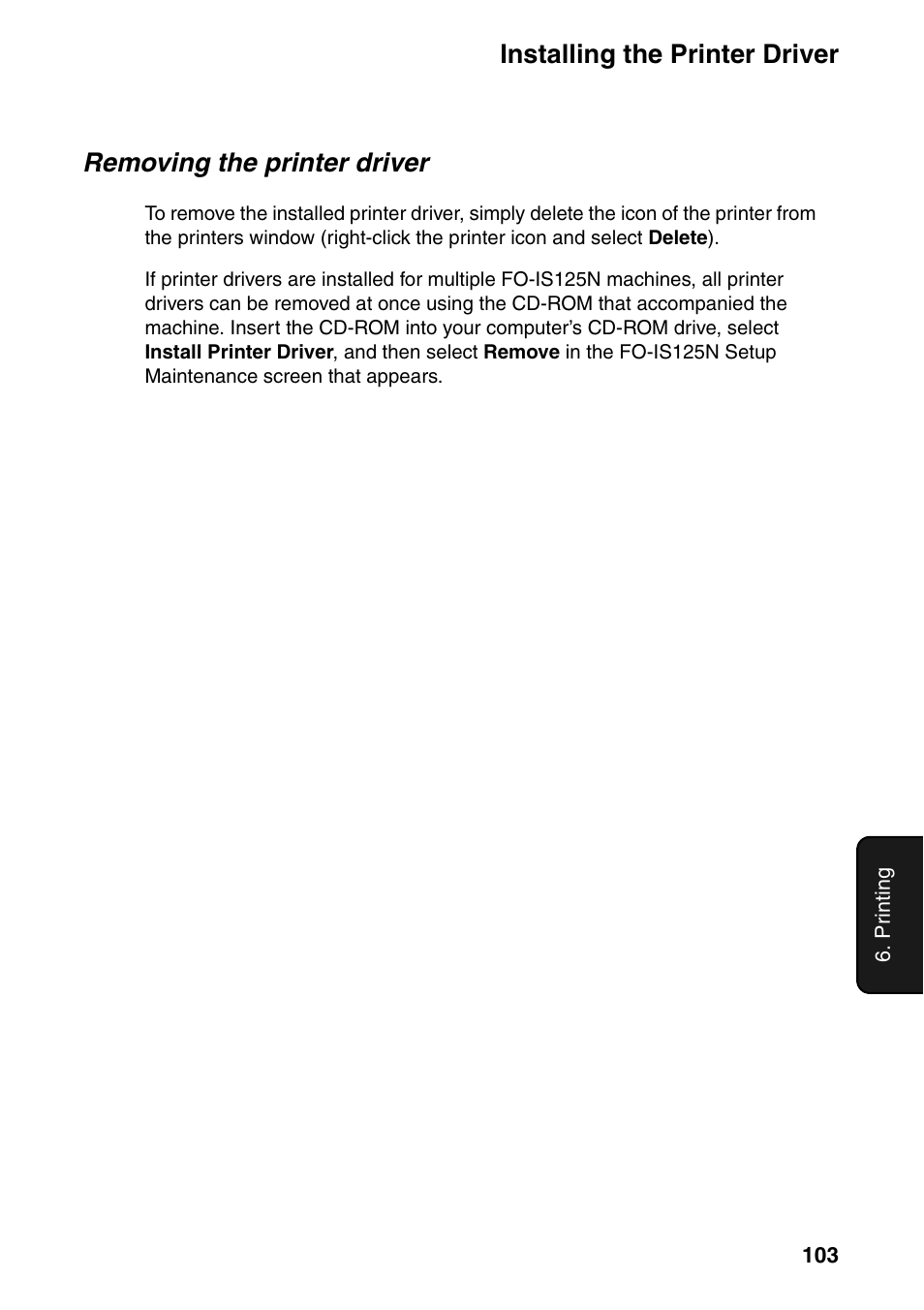 Installing the printer driver, Removing the printer driver | Sharp FO-IS125N User Manual | Page 105 / 179