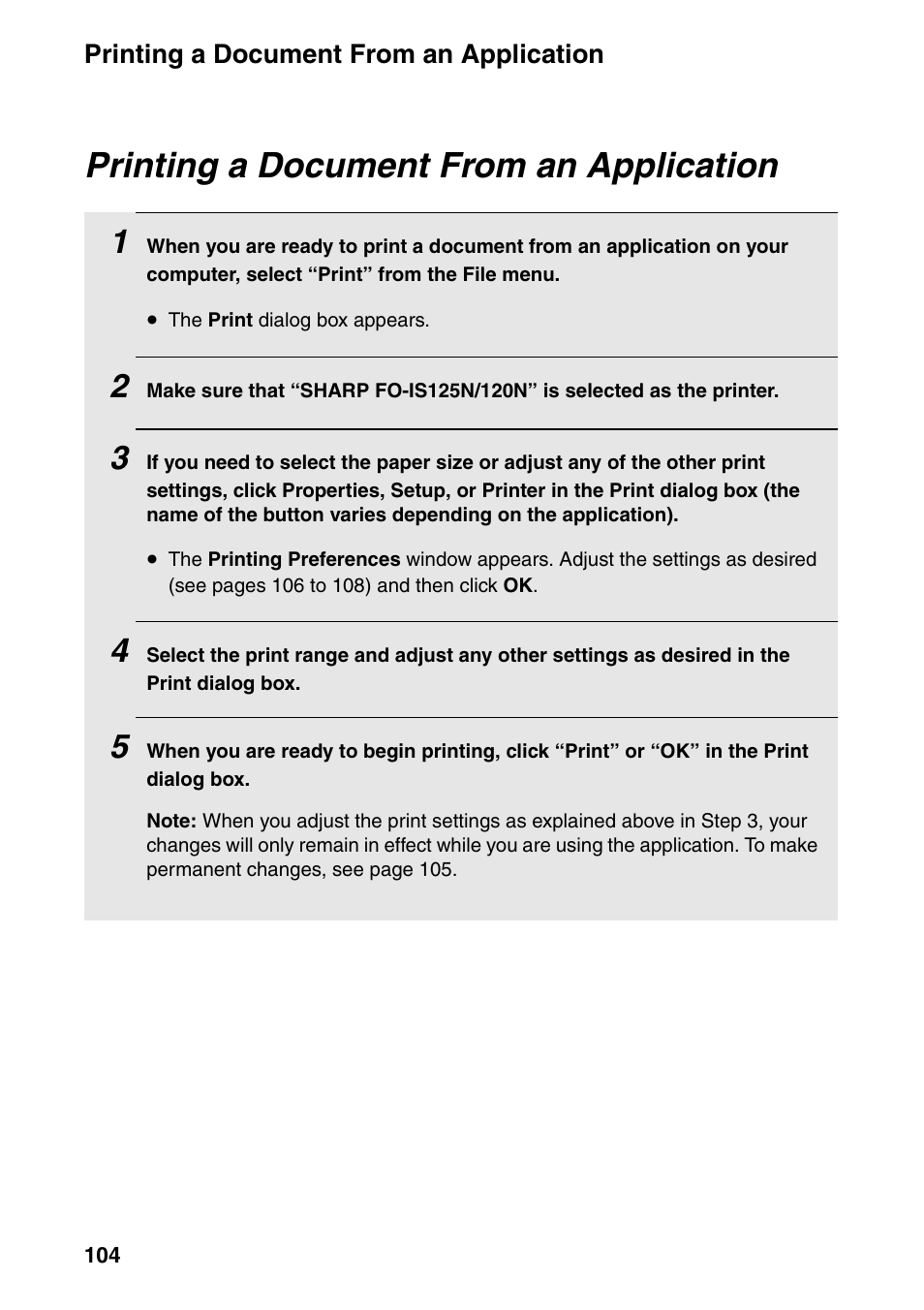 Printing a document from an application | Sharp FO-IS125N User Manual | Page 106 / 179