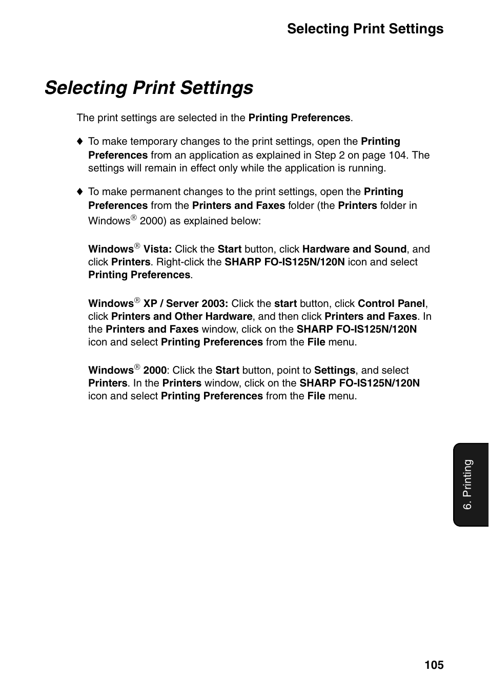 Selecting print settings | Sharp FO-IS125N User Manual | Page 107 / 179