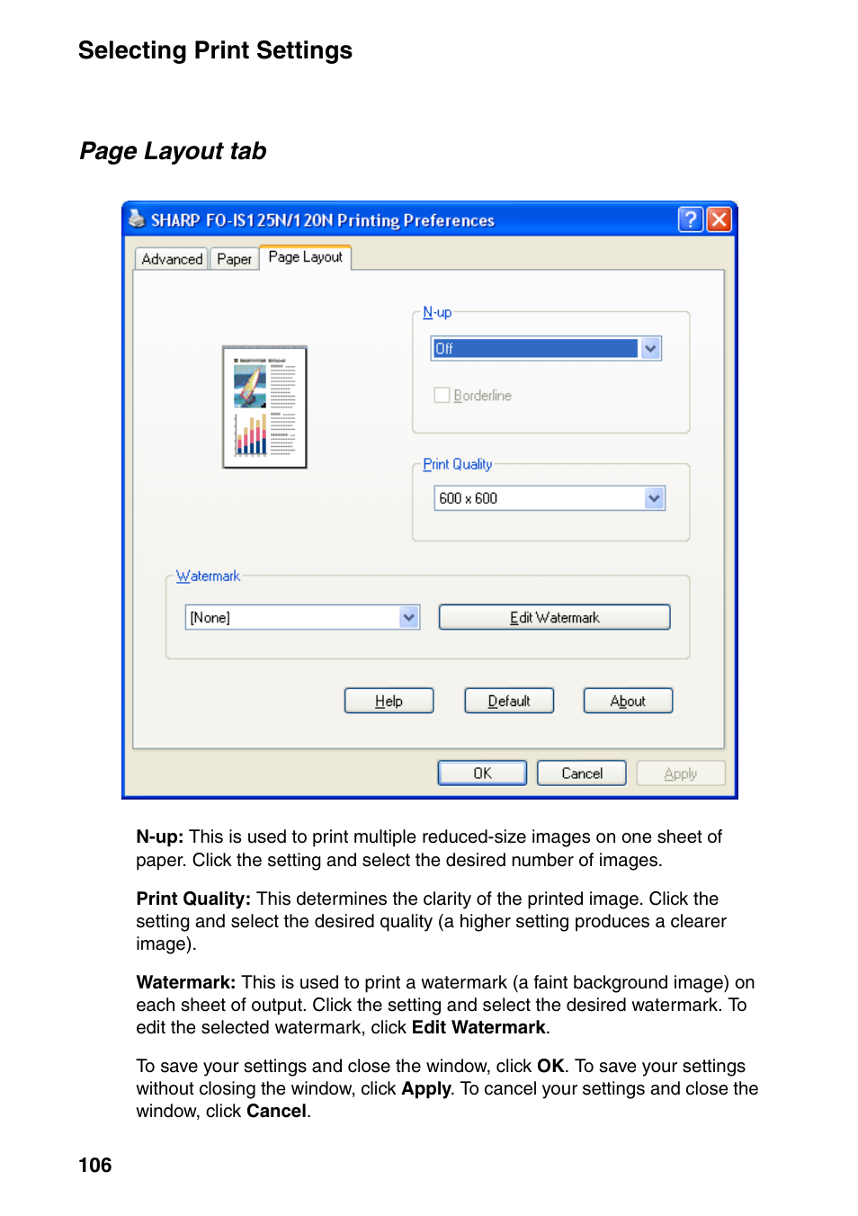 Selecting print settings, Page layout tab | Sharp FO-IS125N User Manual | Page 108 / 179