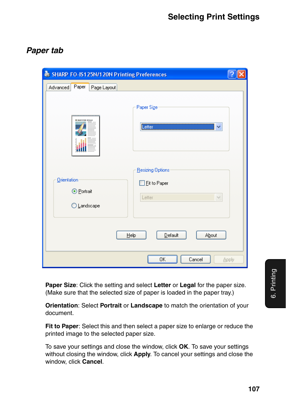 Selecting print settings, Paper tab | Sharp FO-IS125N User Manual | Page 109 / 179