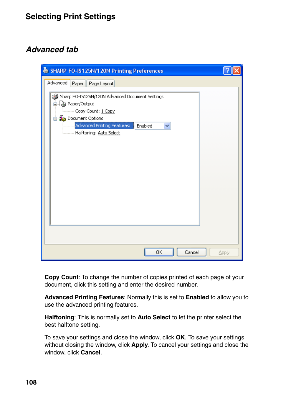 Selecting print settings, Advanced tab | Sharp FO-IS125N User Manual | Page 110 / 179