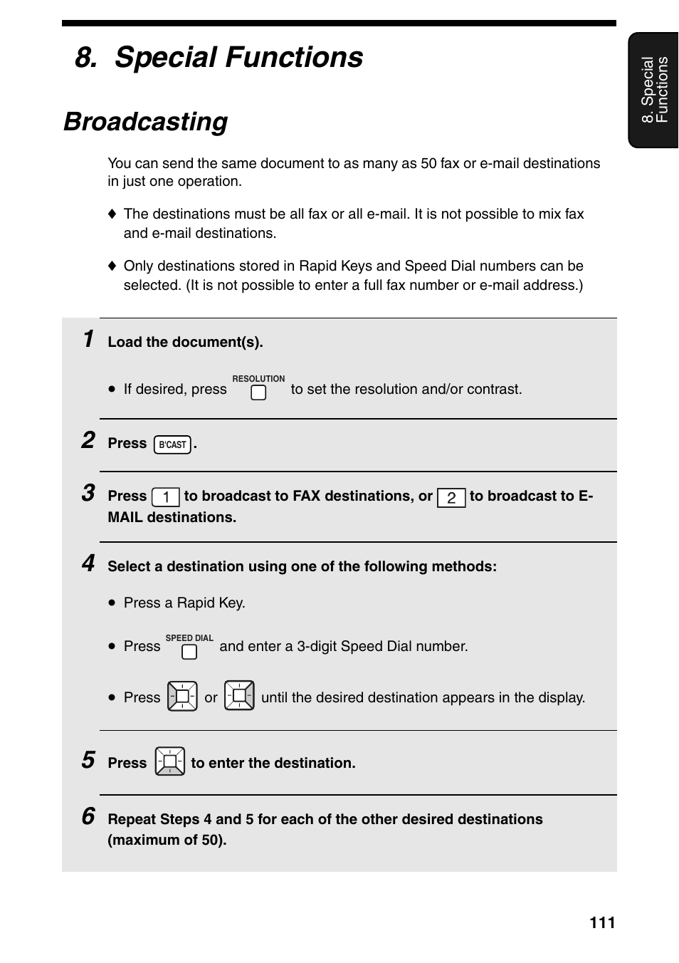 Special functions, Broadcasting | Sharp FO-IS125N User Manual | Page 113 / 179