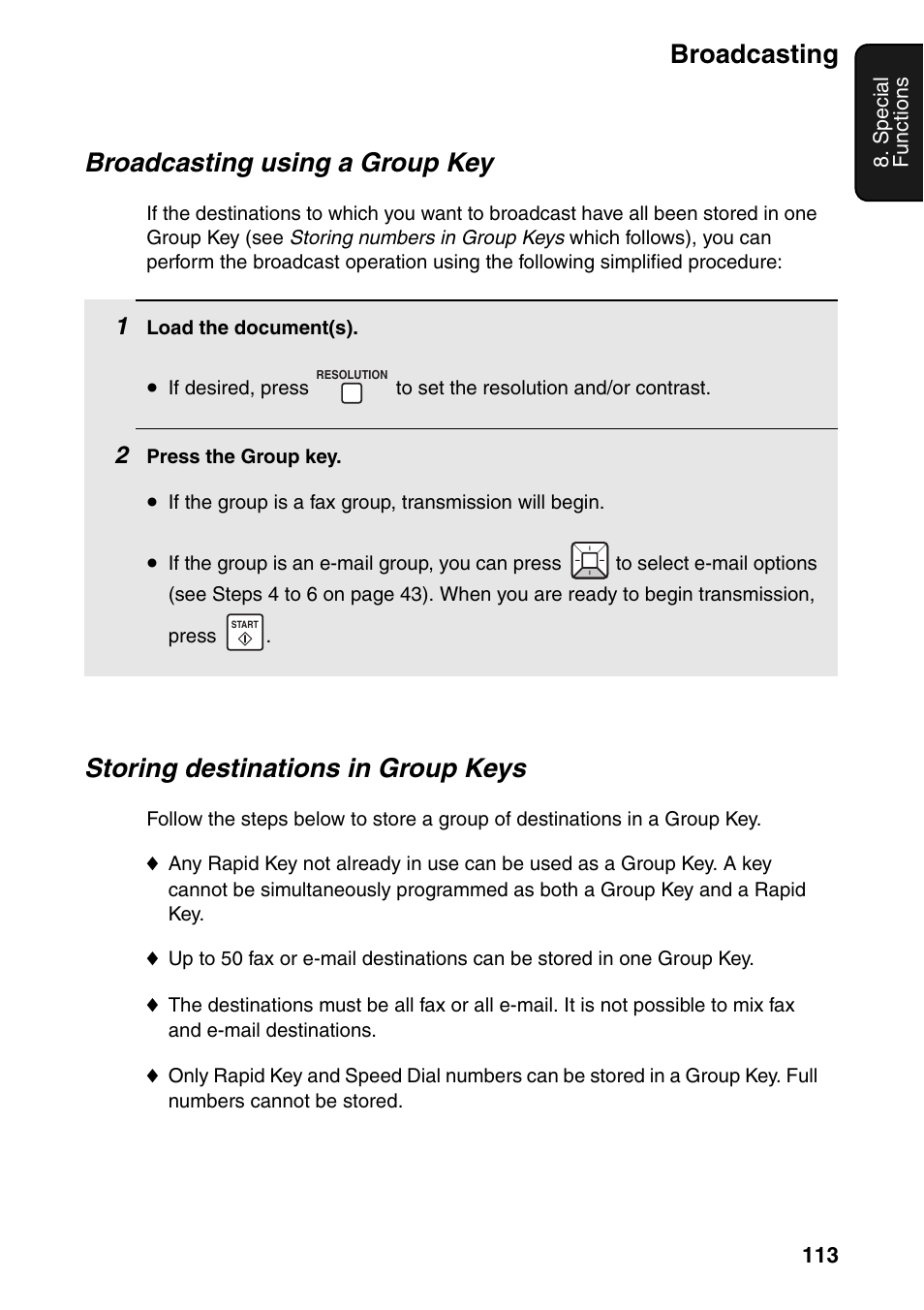 Broadcasting, Broadcasting using a group key, Storing destinations in group keys | Sharp FO-IS125N User Manual | Page 115 / 179