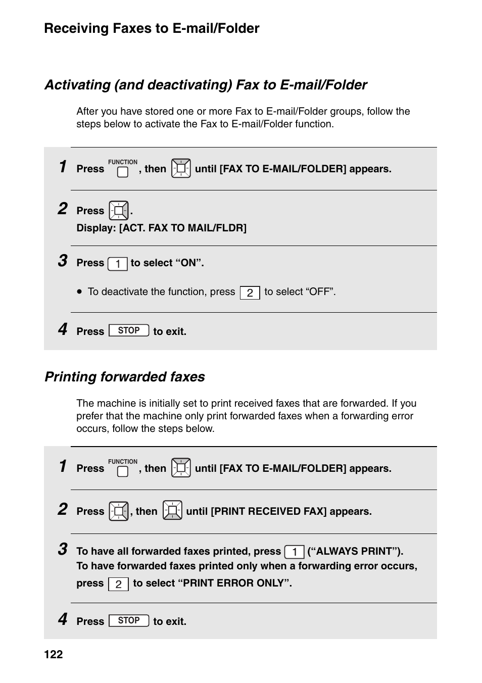 Receiving faxes to e-mail/folder, Activating (and deactivating) fax to e-mail/folder, Printing forwarded faxes | Sharp FO-IS125N User Manual | Page 124 / 179