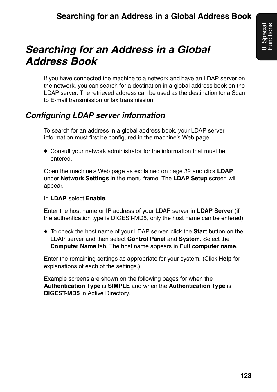 Searching for an address in a global address book, Configuring ldap server information | Sharp FO-IS125N User Manual | Page 125 / 179