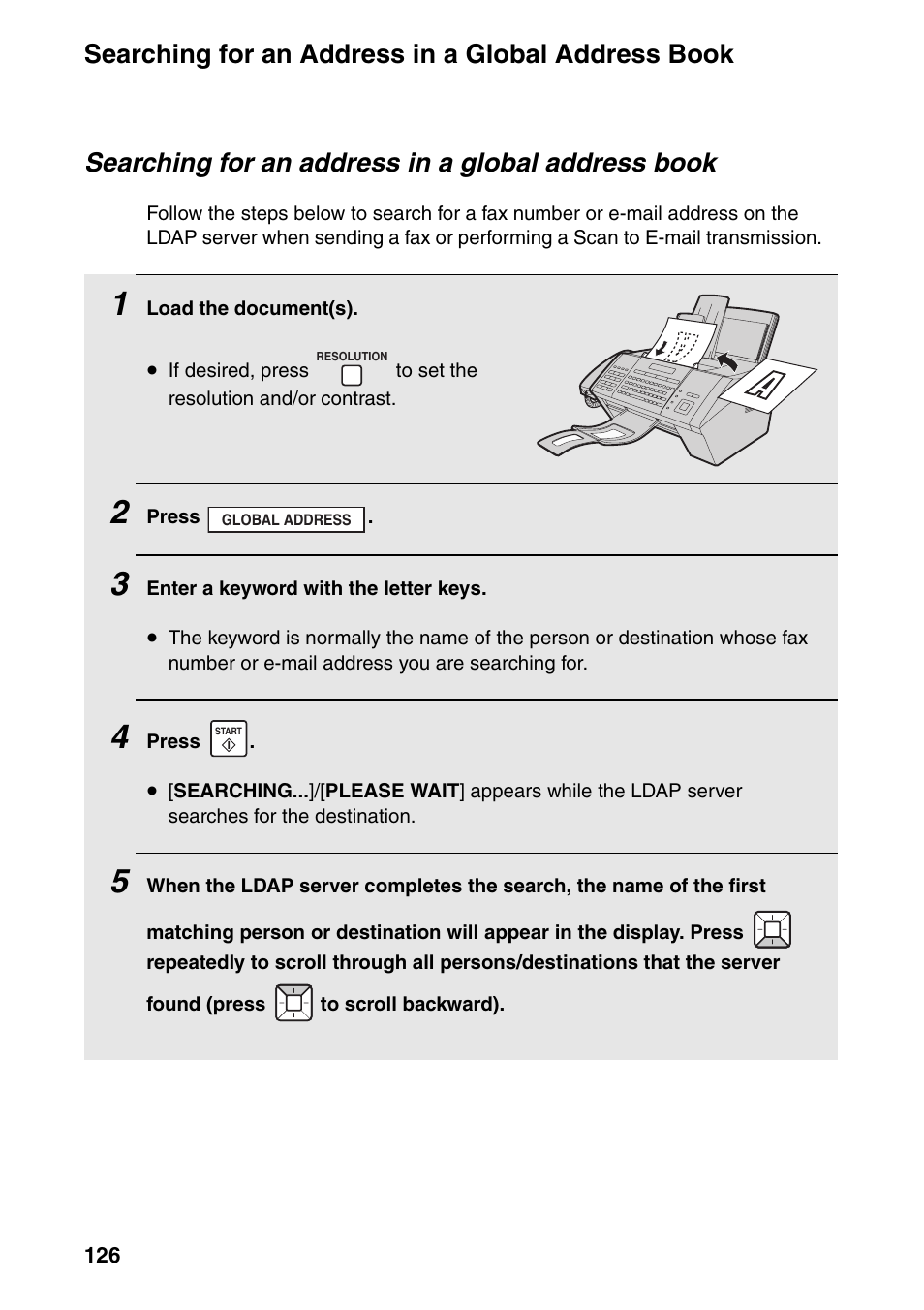 Searching for an address in a global address book | Sharp FO-IS125N User Manual | Page 128 / 179