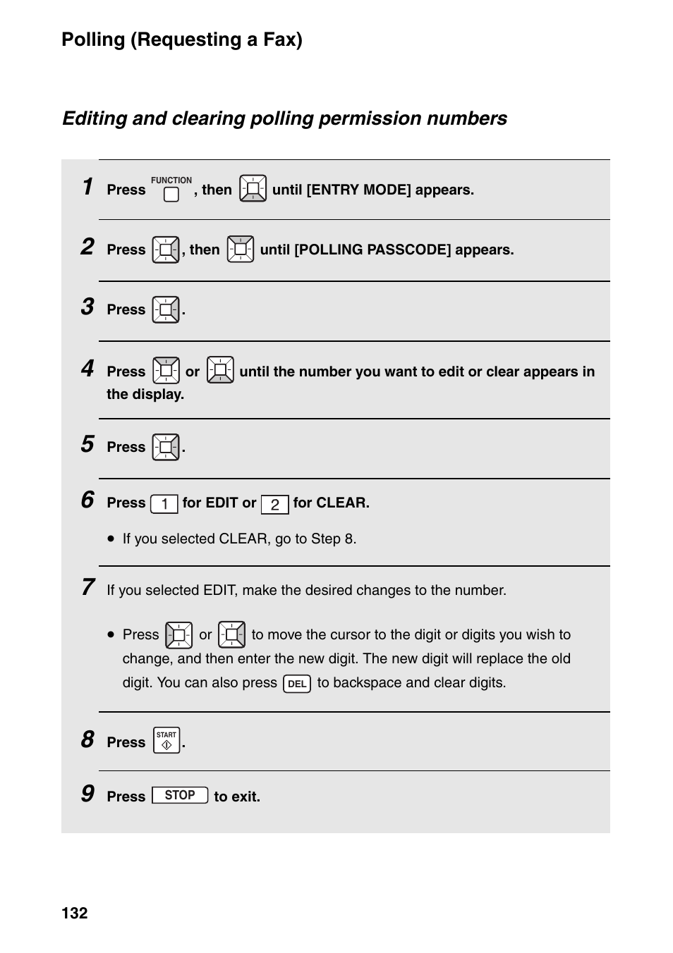 Polling (requesting a fax), Editing and clearing polling permission numbers | Sharp FO-IS125N User Manual | Page 134 / 179