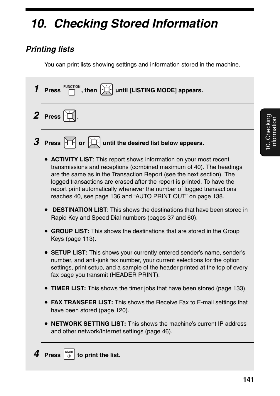 Checking stored information, Printing lists | Sharp FO-IS125N User Manual | Page 143 / 179