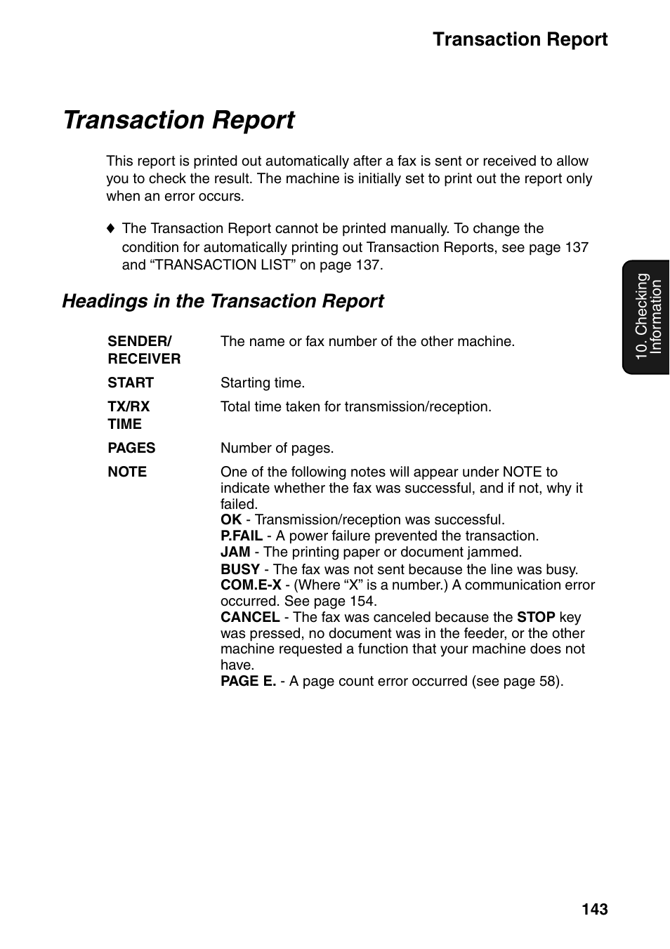 Transaction report, Headings in the transaction report | Sharp FO-IS125N User Manual | Page 145 / 179