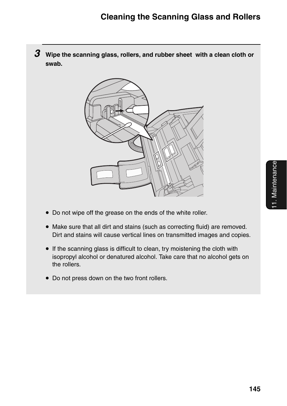 Cleaning the scanning glass and rollers | Sharp FO-IS125N User Manual | Page 147 / 179