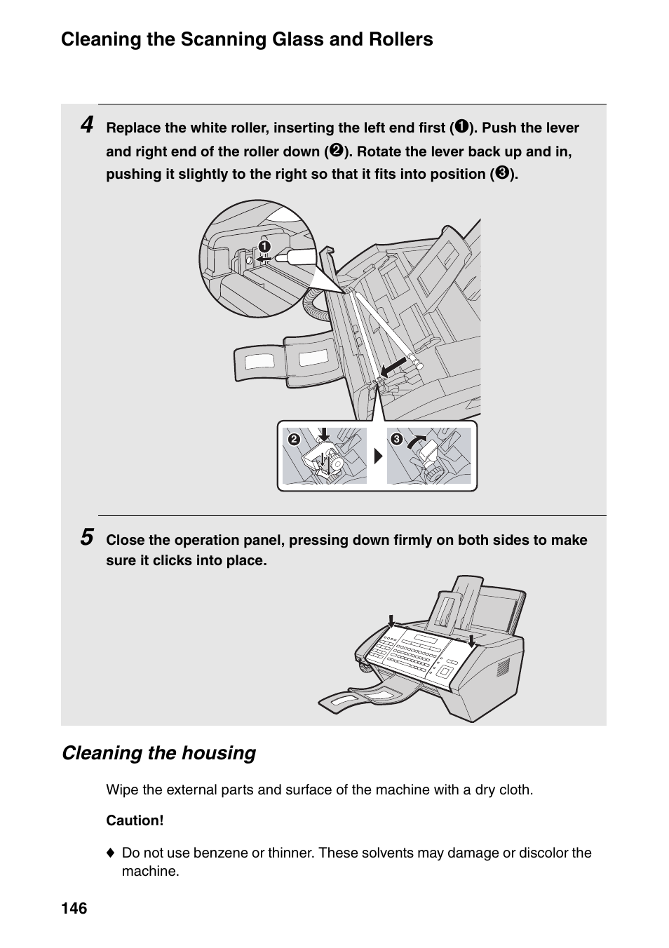 Cleaning the scanning glass and rollers, Cleaning the housing | Sharp FO-IS125N User Manual | Page 148 / 179