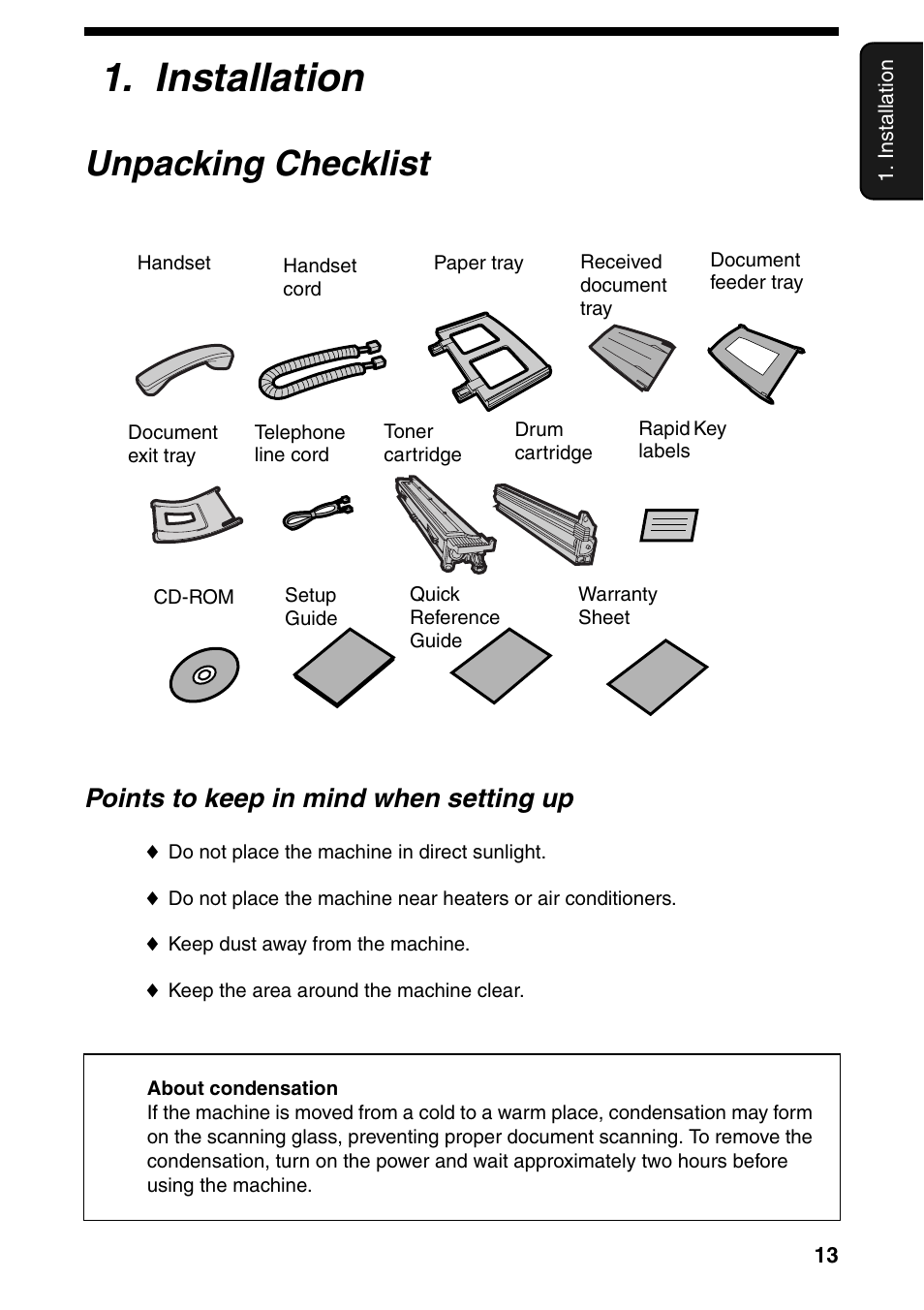 Installation, Unpacking checklist, Points to keep in mind when setting up | Sharp FO-IS125N User Manual | Page 15 / 179